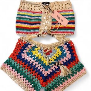 Micas NWT Crochet Rainbow Two Piece Set Lace Up Top & Shorts Size M